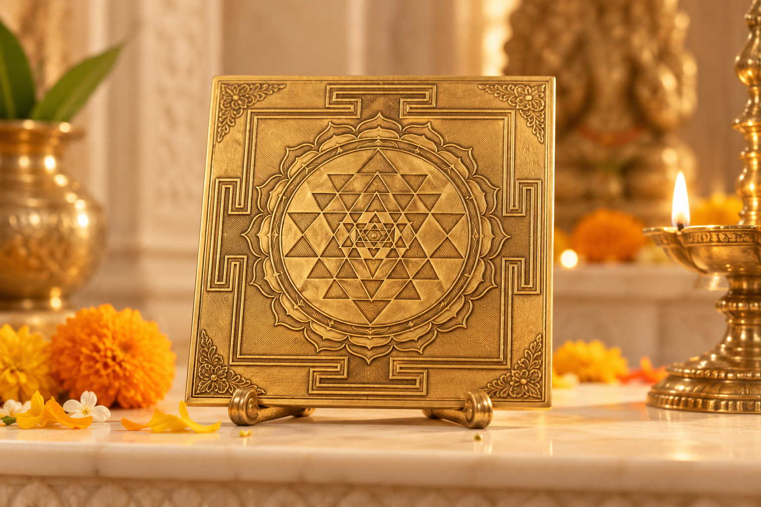 श्री यंत्र म्हणजे काय - Sacred golden Shri Yantra plate placed on altar with marigold flowers